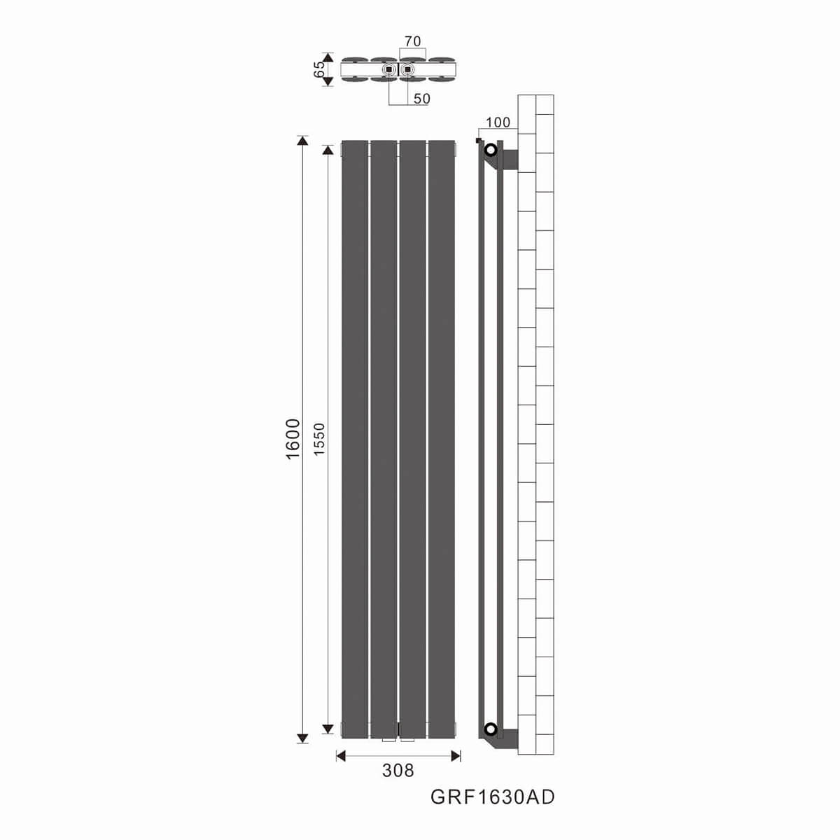 SONNI Flach Heizkörper Paneelheizkörper Wandheizung Mittelanschluss 1600*308mm Anthrazit ohne/mit Mutiblock