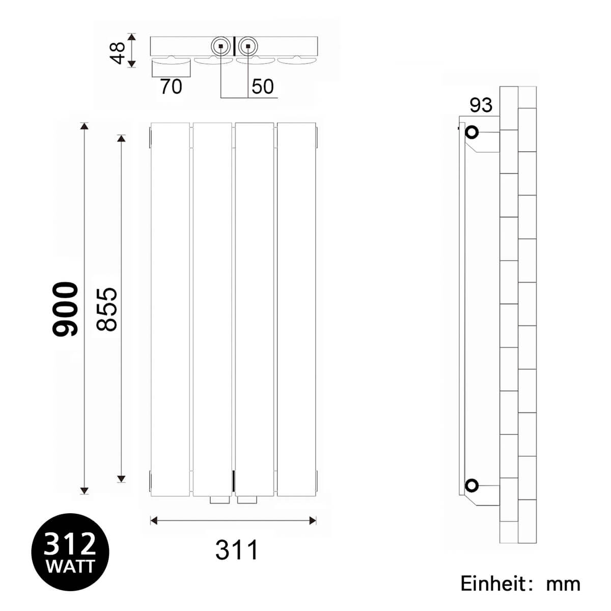 SONNI Heizkörper Weiß kleine einlagig vertikal Bad mit Mittelanschluss Modern Design Paneelheizkörper ohne/mit Mutiblock