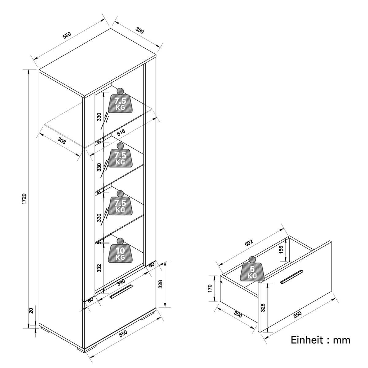 SONNI Vitrine mit LED-Beleuchtung, Glasvitrine mit Schubladen, weiß Hochglanzfront, Sammlervitrine, Vitrinenschrank