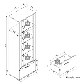 SONNI Vitrine mit LED-Beleuchtung, Glasvitrine mit Schubladen, weiß Hochglanzfront, Sammlervitrine, Vitrinenschrank