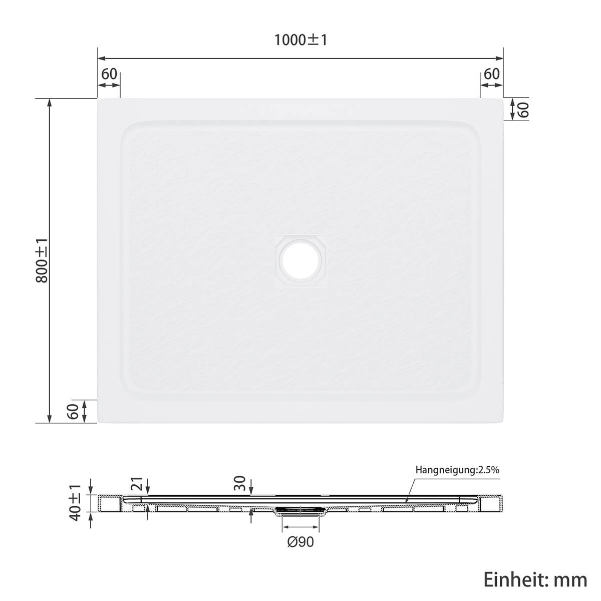 SONNI Quadratische Form Duschtasse- mit flachem Design, Rutschfeste Duschwanne aus, Material SMC, Mittige Entwässerung, inklusive Ablaufgarnitur