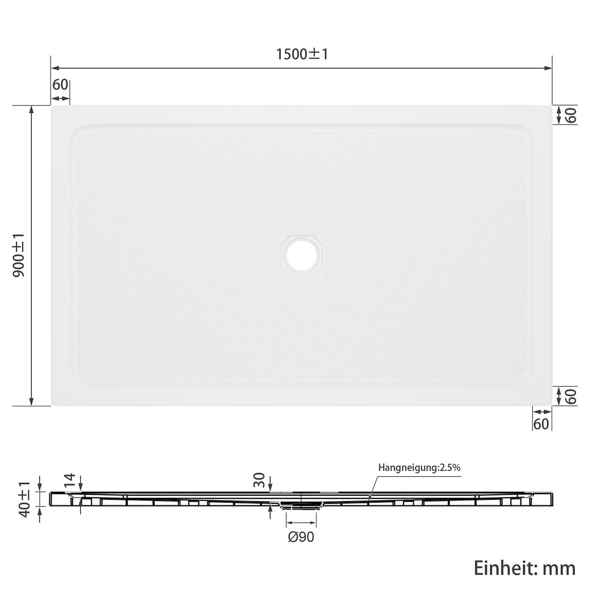 SONNI Quadratische Form Duschtasse- mit flachem Design, Rutschfeste Duschwanne aus, Material SMC, Mittige Entwässerung, inklusive Ablaufgarnitur