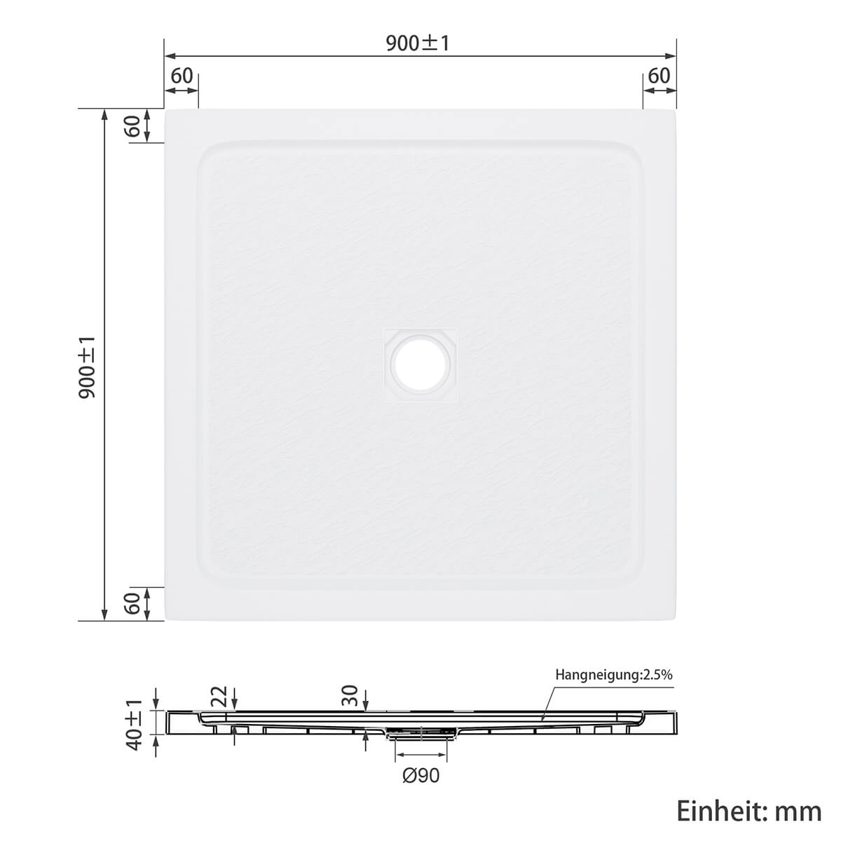 SONNI Quadratische Form Duschtasse- mit flachem Design, Rutschfeste Duschwanne aus, Material SMC, Mittige Entwässerung, inklusive Ablaufgarnitur