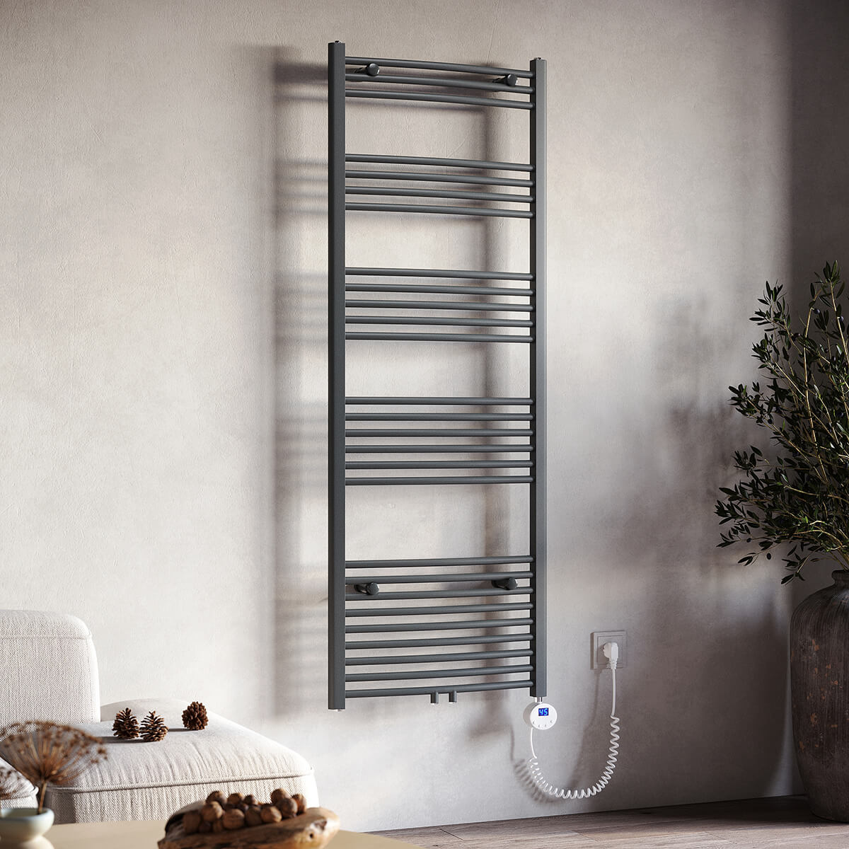 SONNI Badheizkörper Elektrisch mit Thermostat Anthrazit Handtuchtrockner Mittelanschluss Oval Handtuchwärmer für Bad Heizung Ohne /Mit Multiblock - Sonni Sanitär GmbH