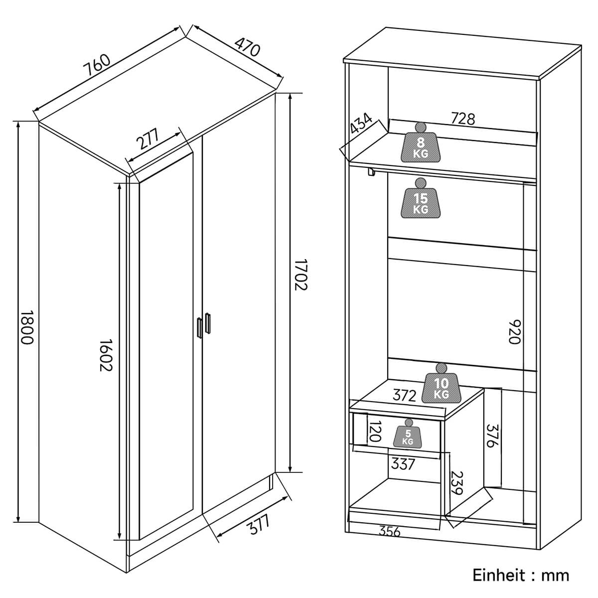 SONNI Modern Kleiderschrank 2-türig mit viel Stauraum, Vielseitiger Dr