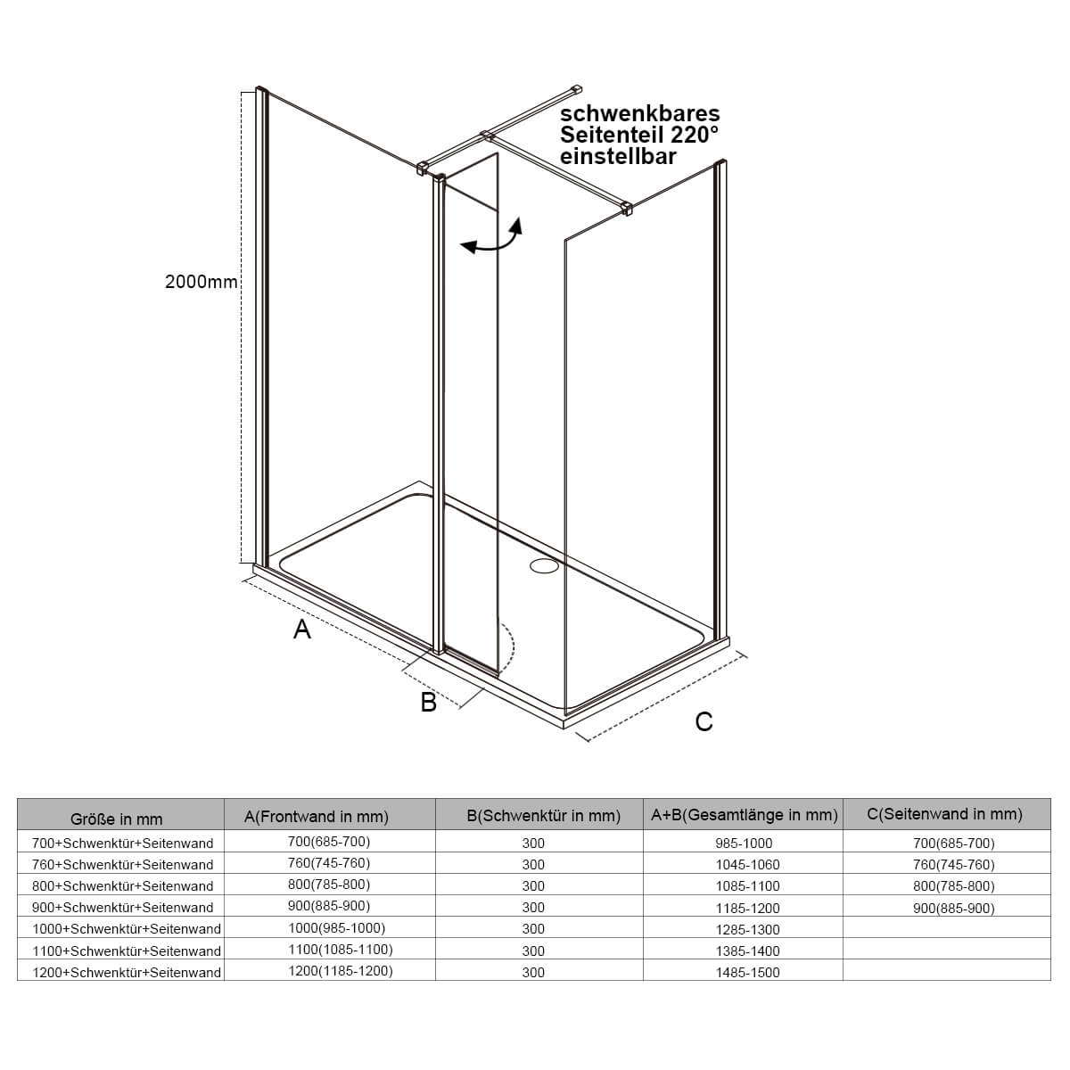 SONNI Begehbare Dusche Duschabtrennung Duschwand Duschkabine 8mm Nano Glas Duschwand mit schwenkbare Tür Walk in Dusche