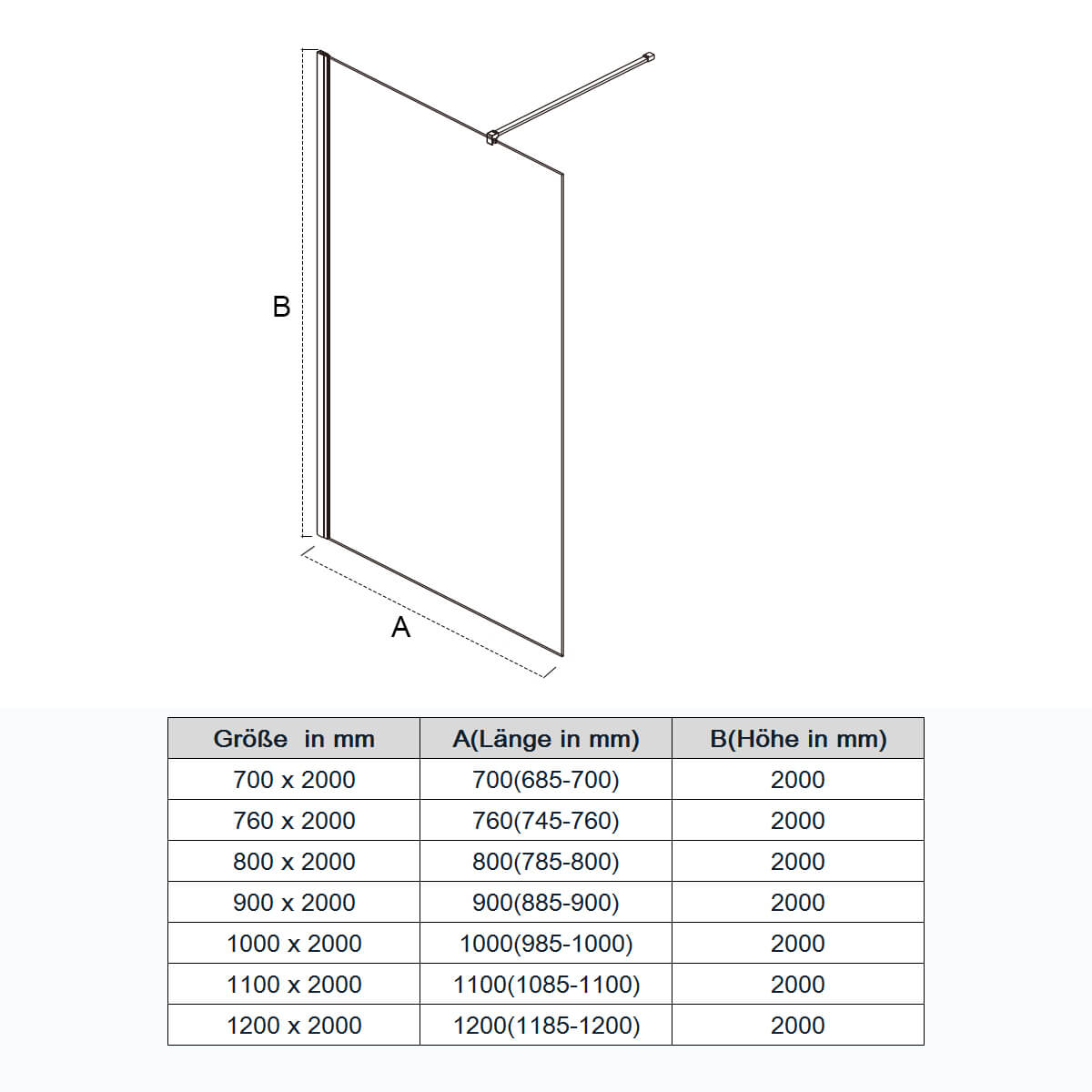 SONNI Walk In/ Begehbare Dusche Duschabtrennung Duschwand Nano Klarglas Glasstärke 8mm Breite 70-120cm