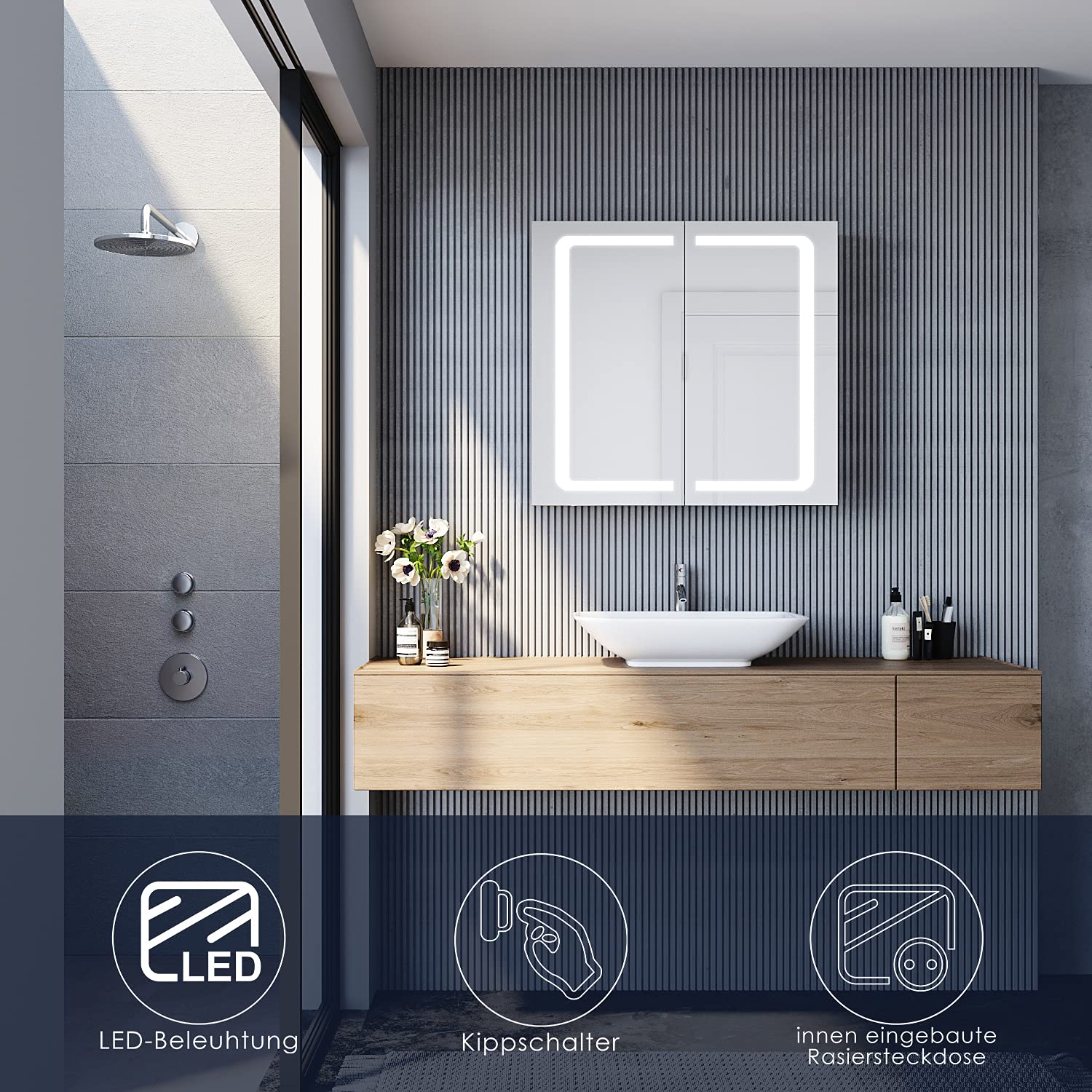 SONNI 70x65 cm Edelstahl LED Spiegelschrank mit Beleuchtung, Steckdose und Kippschalter fürs Badezimmer.