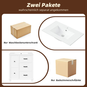 SONNI Waschtisch mit Keramikbecken, freistehender Unterschrank mit seitlicher Auszugsschublade geräuscharmen Gleitschienen 76,5 x 47 x 83,5 cm Weiß