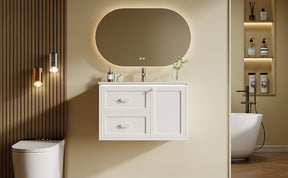 SONNI Waschtisch mit Waschbecken, wandhängender Badschrank mit LED Radarsensor Beleuchtung 2 Schubladen leisen Gleitschienen 76 x 46 x 51 cm Weiß