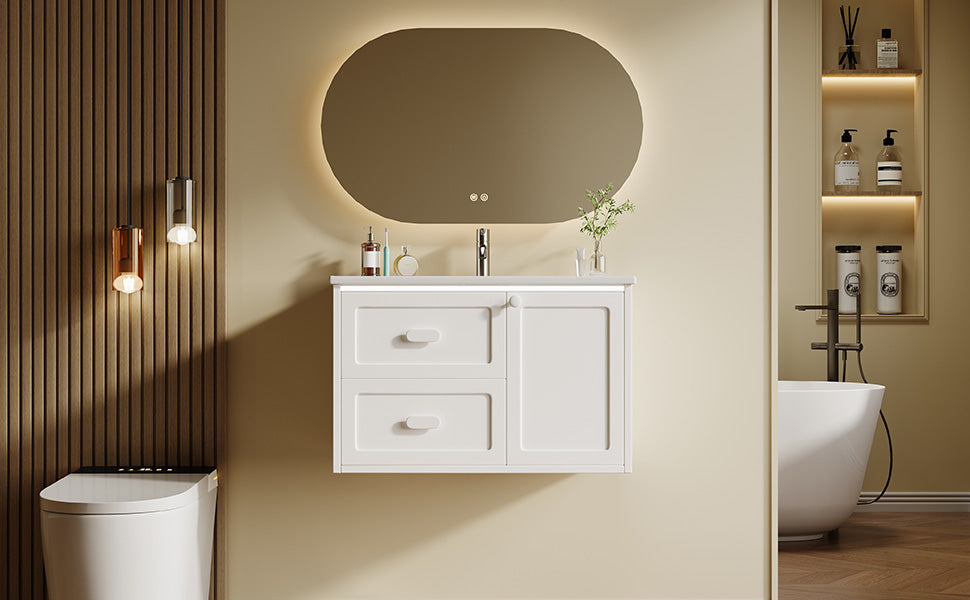 SONNI Waschtisch mit Waschbecken, wandhängender Badschrank mit LED Radarsensor Beleuchtung 2 Schubladen leisen Gleitschienen 76 x 46 x 51 cm Weiß