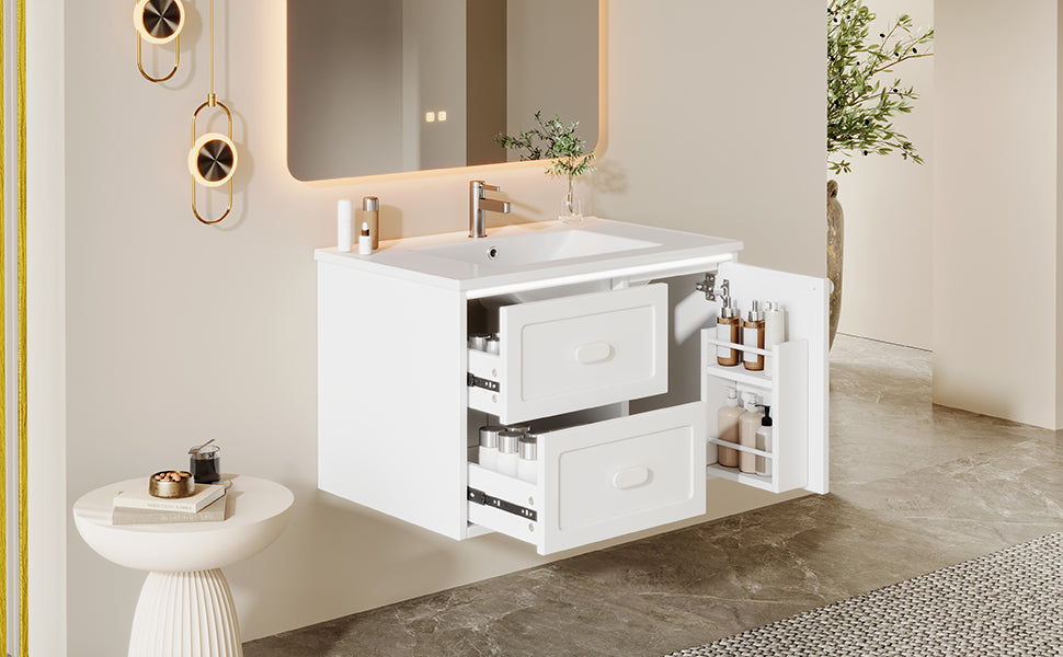 SONNI Waschtisch mit Waschbecken, wandhängender Badschrank mit LED Radarsensor Beleuchtung 2 Schubladen leisen Gleitschienen 76 x 46 x 51 cm Weiß