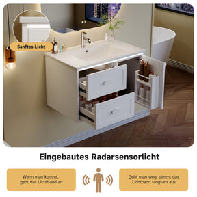 SONNI Waschtisch mit Waschbecken, wandhängender Badschrank mit LED Radarsensor Beleuchtung 2 Schubladen leisen Gleitschienen 76 x 46 x 51 cm Weiß