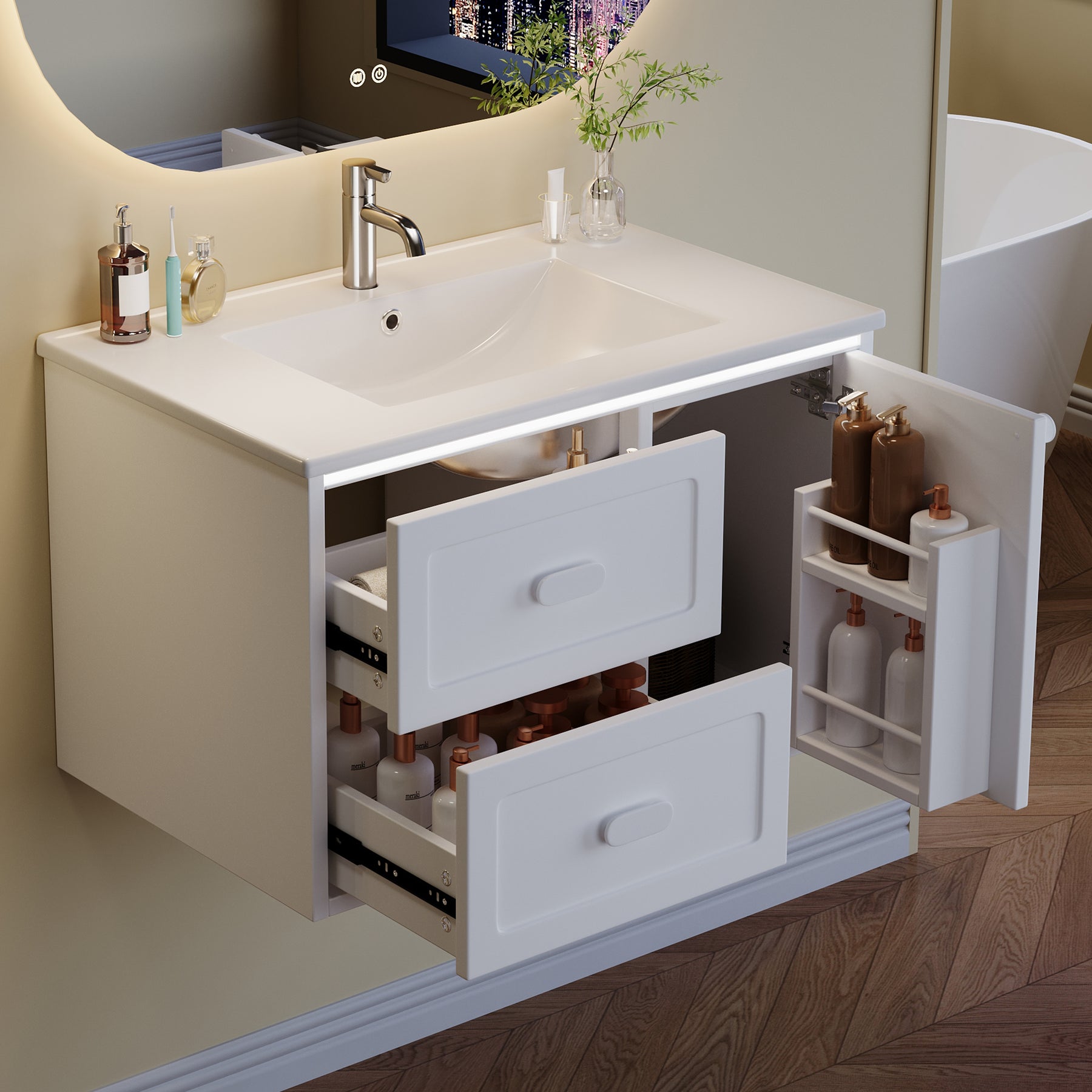 SONNI Waschtisch mit Waschbecken, wandhängender Badschrank mit LED Radarsensor Beleuchtung 2 Schubladen leisen Gleitschienen 76 x 46 x 51 cm Weiß