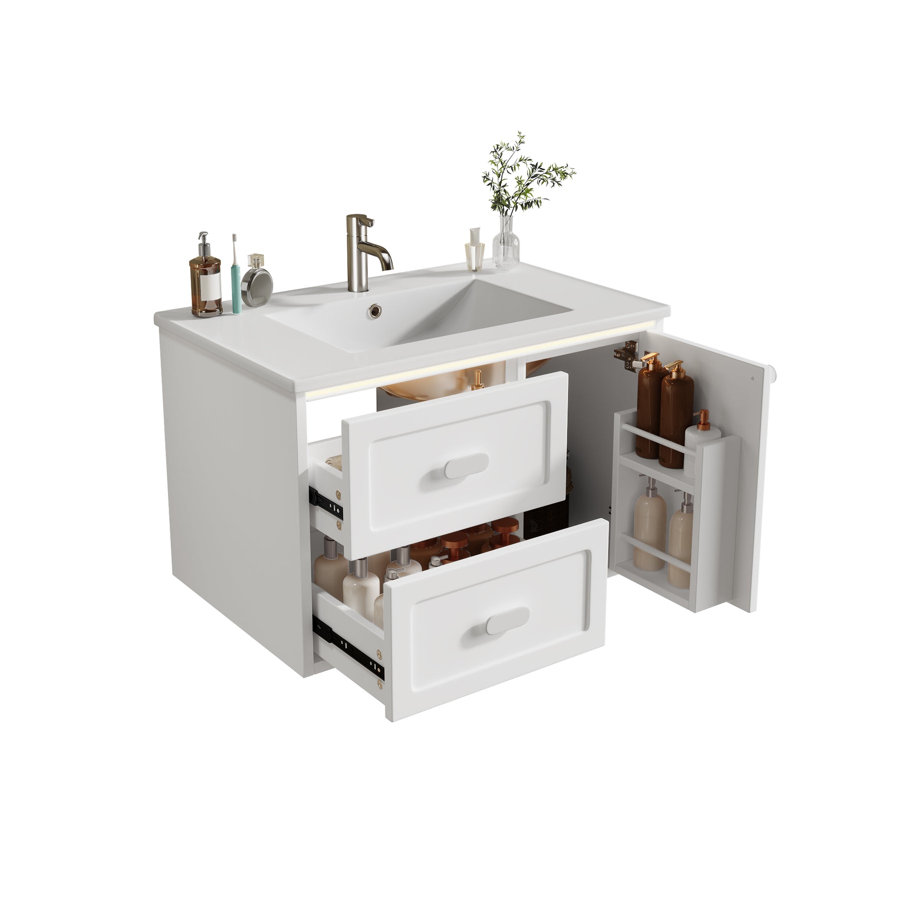 SONNI Waschtisch mit Waschbecken, wandhängender Badschrank mit LED Radarsensor Beleuchtung 2 Schubladen leisen Gleitschienen 76 x 46 x 51 cm Weiß
