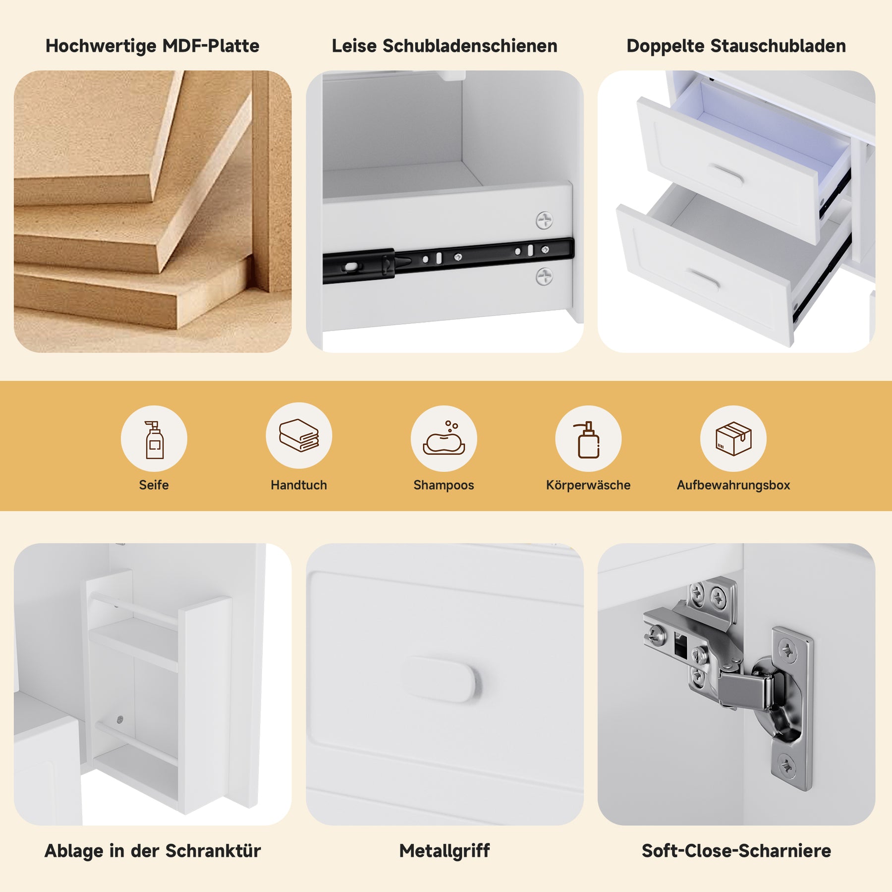 SONNI Waschtisch mit Waschbecken, wandhängender Badschrank mit LED Radarsensor Beleuchtung 2 Schubladen leisen Gleitschienen 76 x 46 x 51 cm Weiß