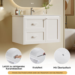 SONNI Waschtisch mit Waschbecken, wandhängender Badschrank mit LED Radarsensor Beleuchtung 2 Schubladen leisen Gleitschienen 76 x 46 x 51 cm Weiß
