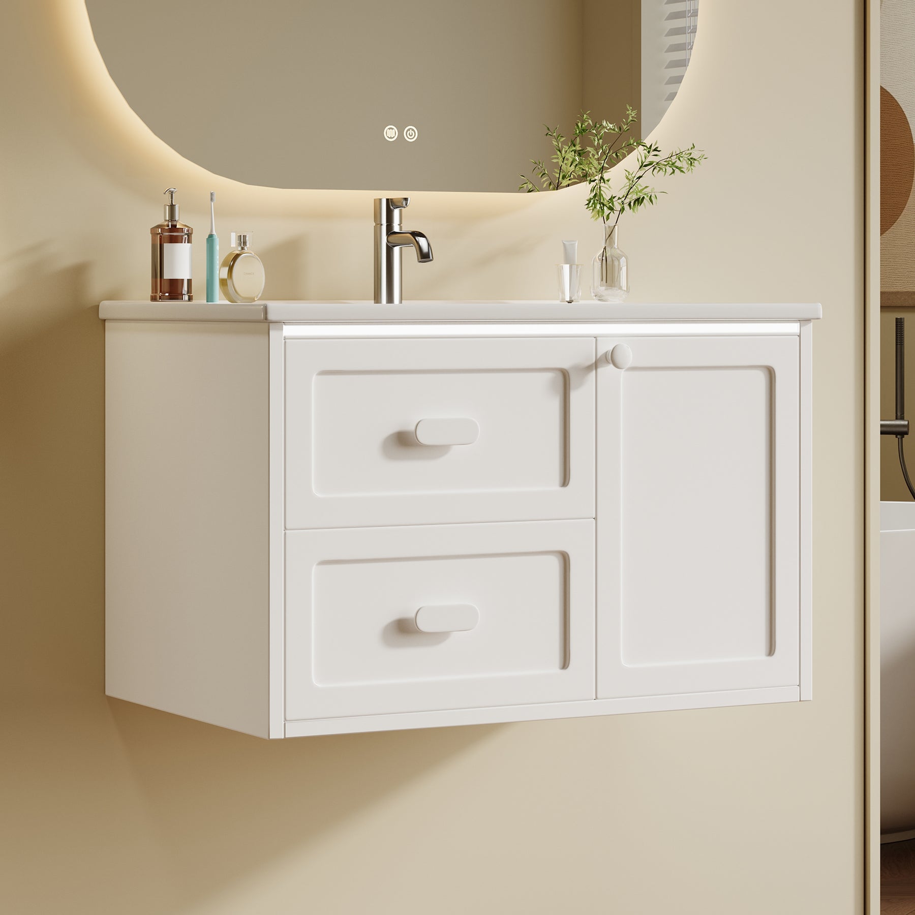 SONNI Waschtisch mit Waschbecken, wandhängender Badschrank mit LED Radarsensor Beleuchtung 2 Schubladen leisen Gleitschienen 76 x 46 x 51 cm Weiß
