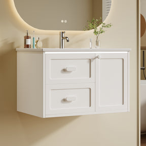 SONNI Waschtisch mit Waschbecken, wandhängender Badschrank mit LED Radarsensor Beleuchtung 2 Schubladen leisen Gleitschienen 76 x 46 x 51 cm Weiß
