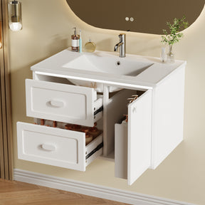 SONNI Waschtisch mit Waschbecken, wandhängender Badschrank mit LED Radarsensor Beleuchtung 2 Schubladen leisen Gleitschienen 76 x 46 x 51 cm Weiß