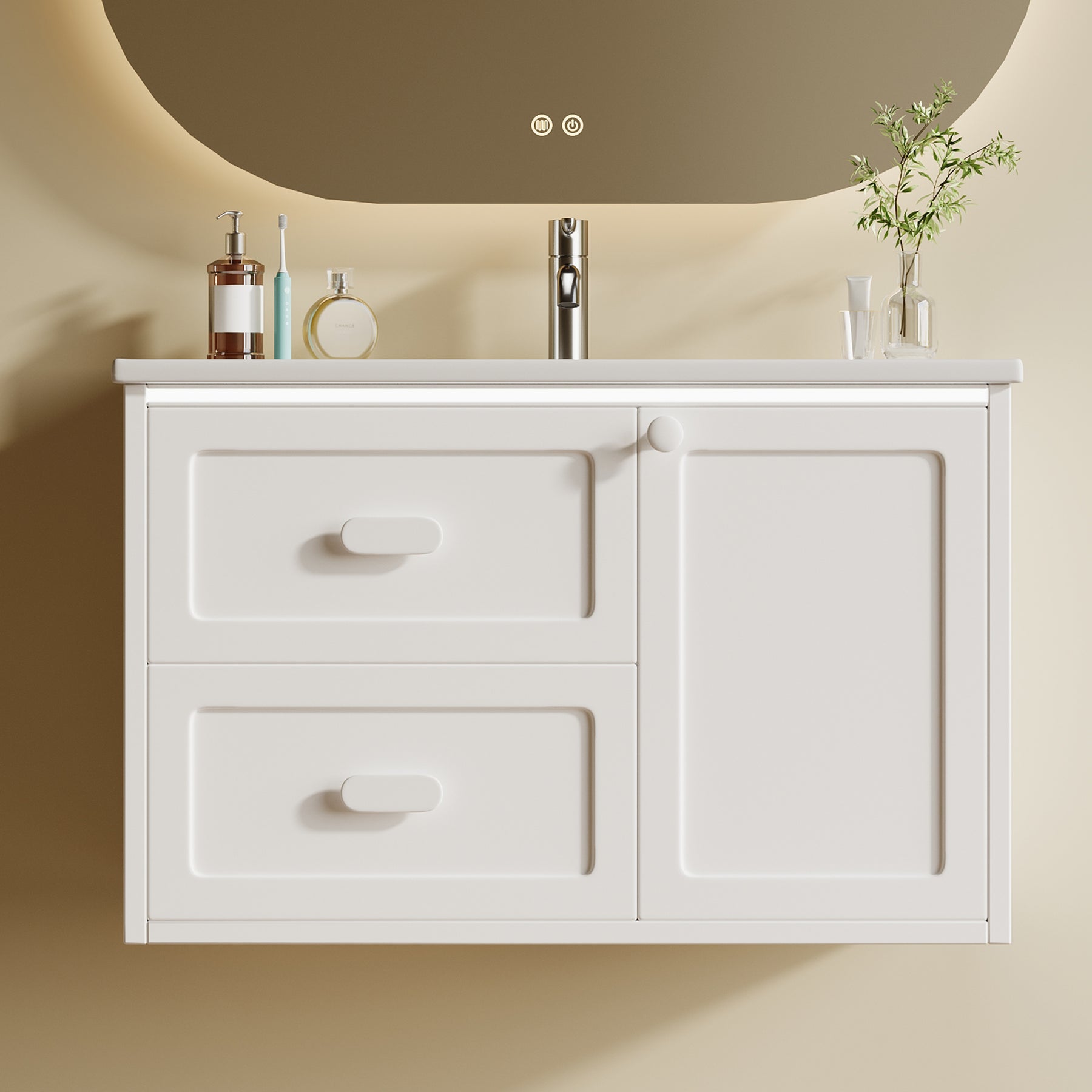 SONNI Waschtisch mit Waschbecken, wandhängender Badschrank mit LED Radarsensor Beleuchtung 2 Schubladen leisen Gleitschienen 76 x 46 x 51 cm Weiß