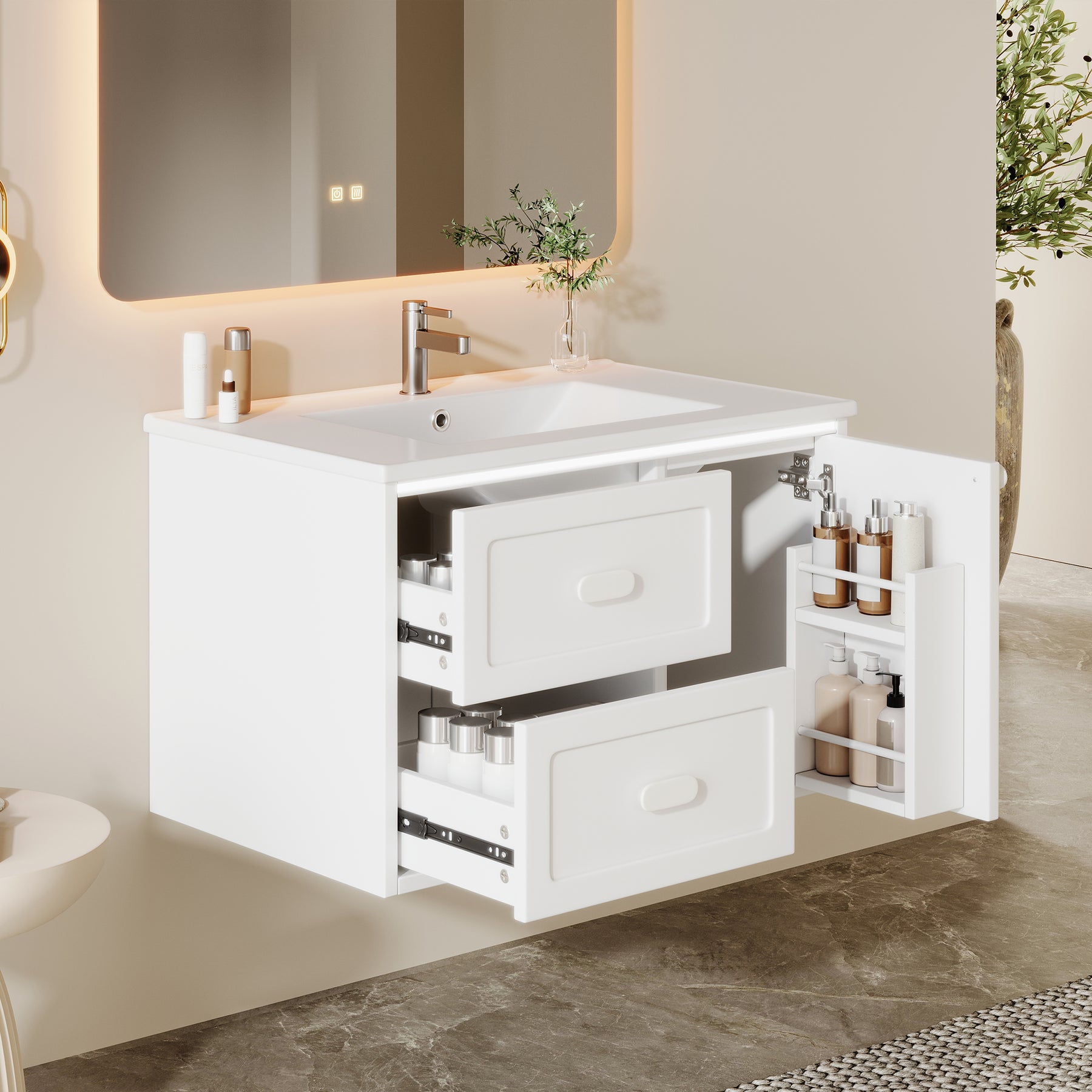 SONNI Waschtisch mit Waschbecken, wandhängender Badschrank mit LED Radarsensor Beleuchtung 2 Schubladen leisen Gleitschienen 76 x 46 x 51 cm Weiß
