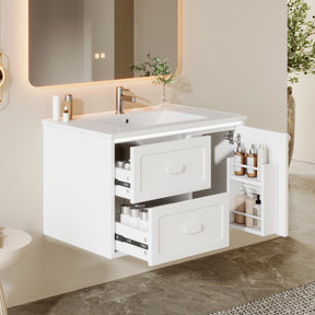 SONNI Waschtisch mit Waschbecken, wandhängender Badschrank mit LED Radarsensor Beleuchtung 2 Schubladen leisen Gleitschienen 76 x 46 x 51 cm Weiß