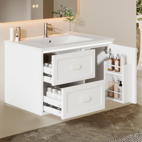 SONNI Waschtisch mit Waschbecken, wandhängender Badschrank mit LED Radarsensor Beleuchtung 2 Schubladen leisen Gleitschienen 76 x 46 x 51 cm Weiß