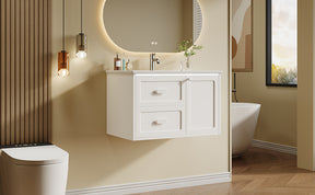 SONNI Waschtisch mit Waschbecken, wandhängender Badschrank mit LED Radarsensor Beleuchtung 2 Schubladen leisen Gleitschienen 76 x 46 x 51 cm Weiß