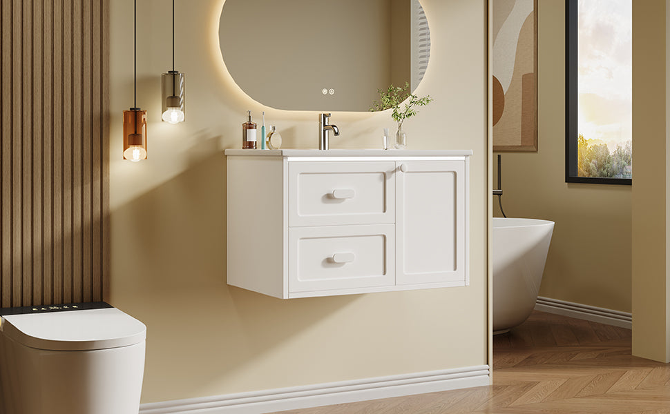 SONNI Waschtisch mit Waschbecken, wandhängender Badschrank mit LED Radarsensor Beleuchtung 2 Schubladen leisen Gleitschienen 76 x 46 x 51 cm Weiß