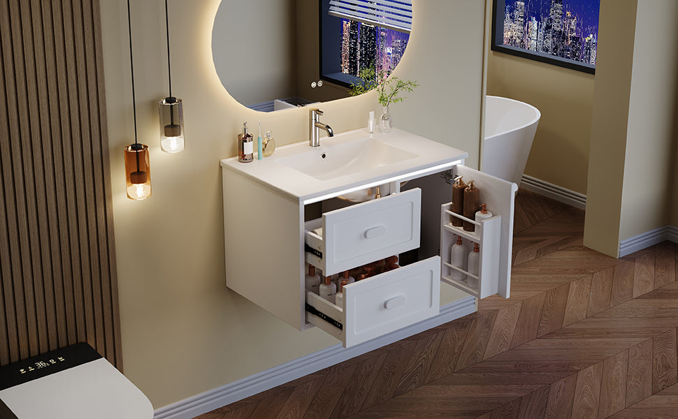 SONNI Waschtisch mit Waschbecken, wandhängender Badschrank mit LED Radarsensor Beleuchtung 2 Schubladen leisen Gleitschienen 76 x 46 x 51 cm Weiß