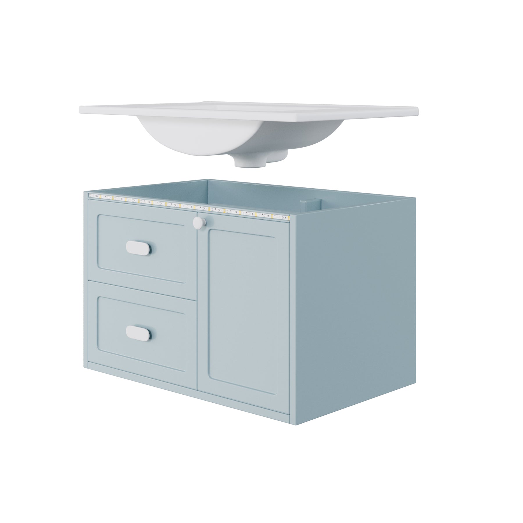 SONNI Waschtisch mit Waschbecken, wandhängender Badschrank mit LED Radarsensor Beleuchtung 2 Schubladen leisen Gleitschienen 76 x 46 x 51 cm Weiß