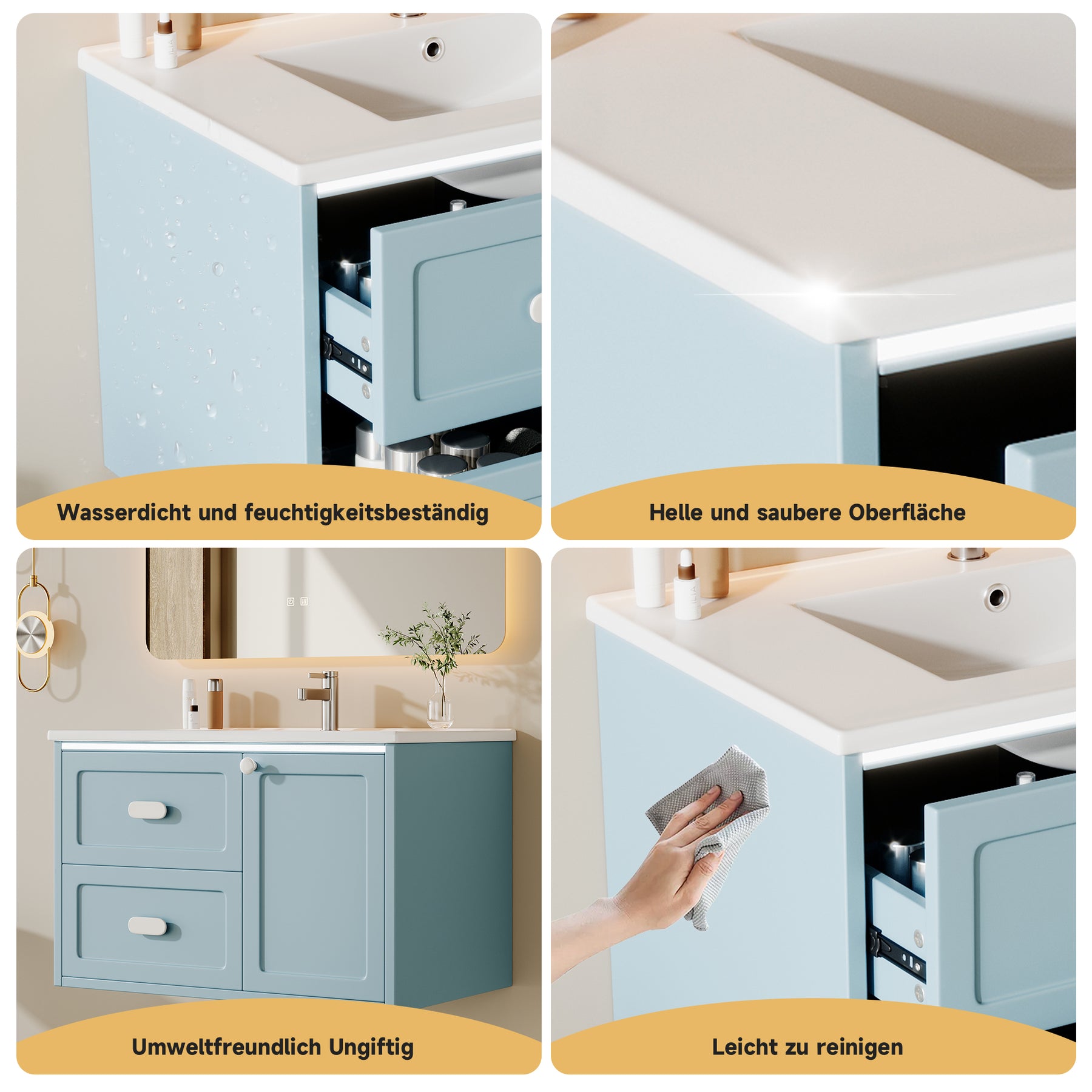 SONNI Waschtisch mit Waschbecken, wandhängender Badschrank mit LED Radarsensor Beleuchtung 2 Schubladen leisen Gleitschienen 76 x 46 x 51 cm Weiß