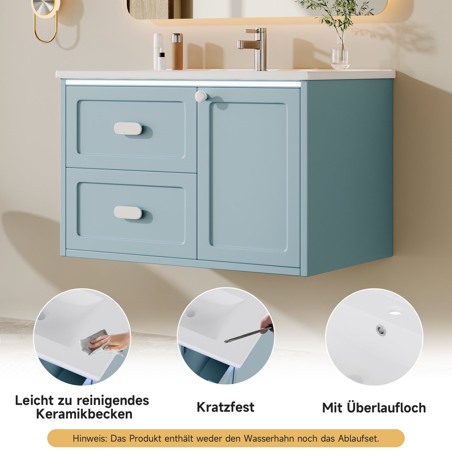 SONNI Waschtisch mit Waschbecken, wandhängender Badschrank mit LED Radarsensor Beleuchtung 2 Schubladen leisen Gleitschienen 76 x 46 x 51 cm Weiß