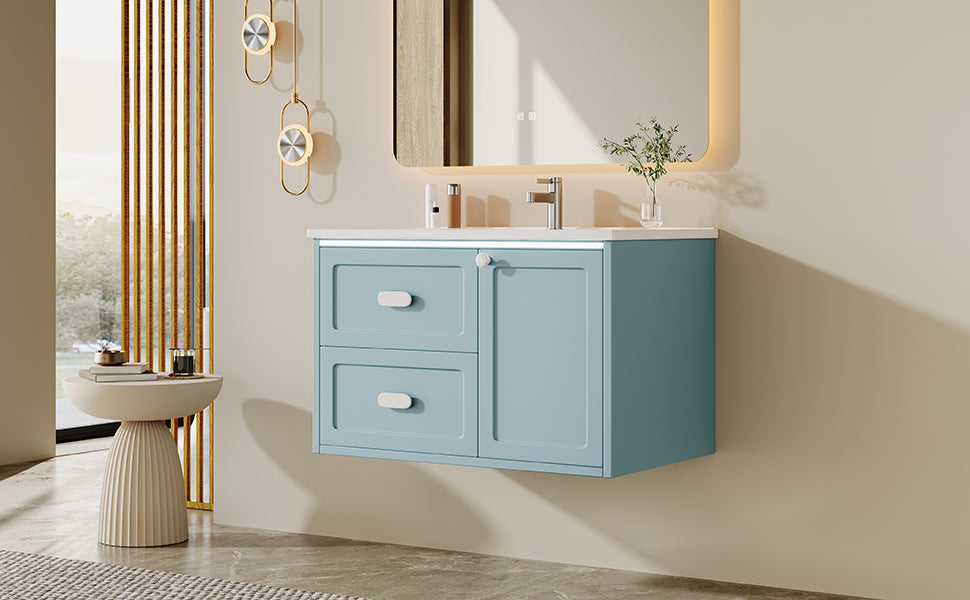 SONNI Waschtisch mit Waschbecken, wandhängender Badschrank mit LED Radarsensor Beleuchtung 2 Schubladen leisen Gleitschienen 76 x 46 x 51 cm Weiß