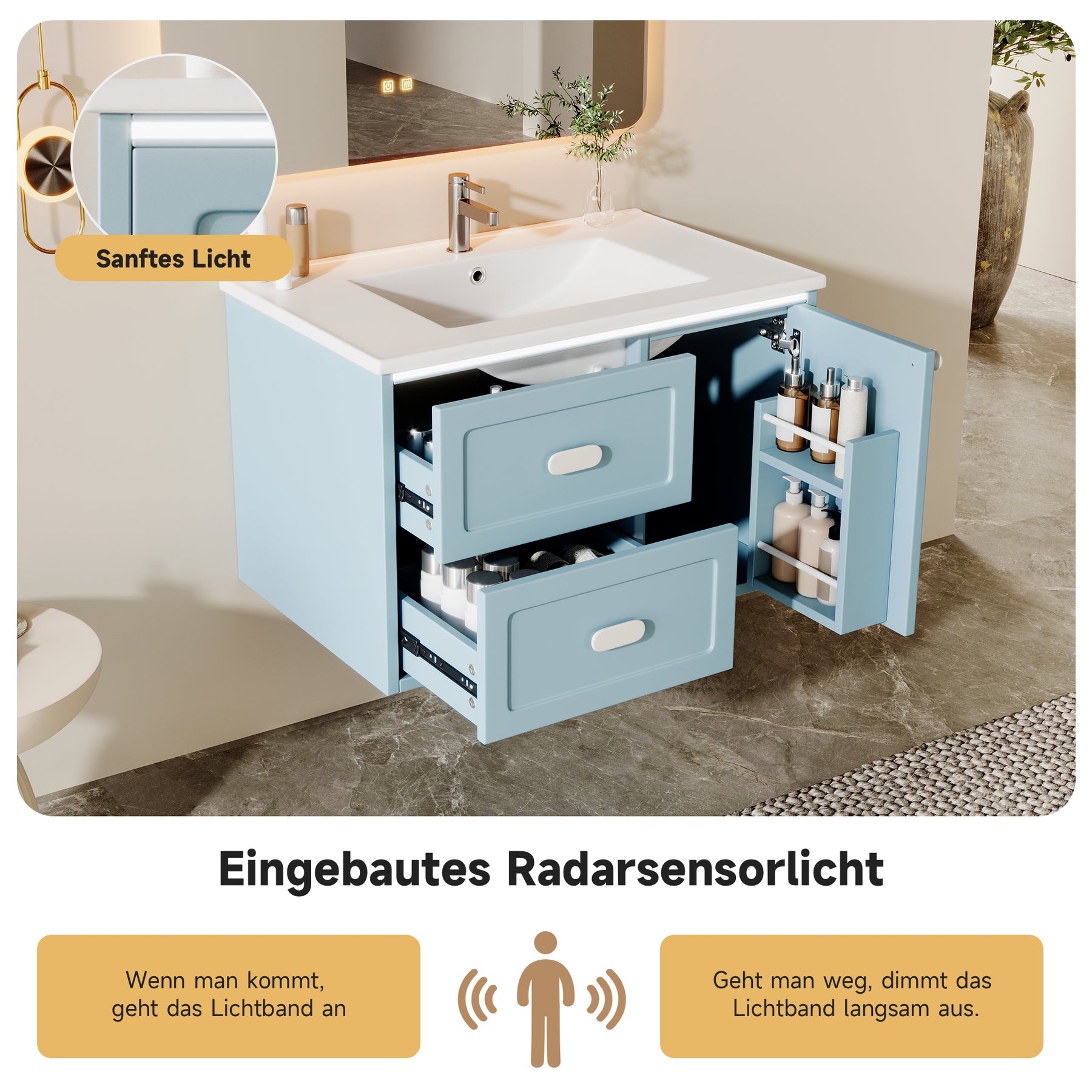 SONNI Waschtisch mit Waschbecken, wandhängender Badschrank mit LED Radarsensor Beleuchtung 2 Schubladen leisen Gleitschienen 76 x 46 x 51 cm Weiß