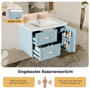 SONNI Waschtisch mit Waschbecken, wandhängender Badschrank mit LED Radarsensor Beleuchtung 2 Schubladen leisen Gleitschienen 76 x 46 x 51 cm Weiß
