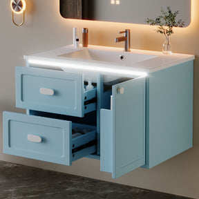 SONNI Waschtisch mit Waschbecken, wandhängender Badschrank mit LED Radarsensor Beleuchtung 2 Schubladen leisen Gleitschienen 76 x 46 x 51 cm Weiß