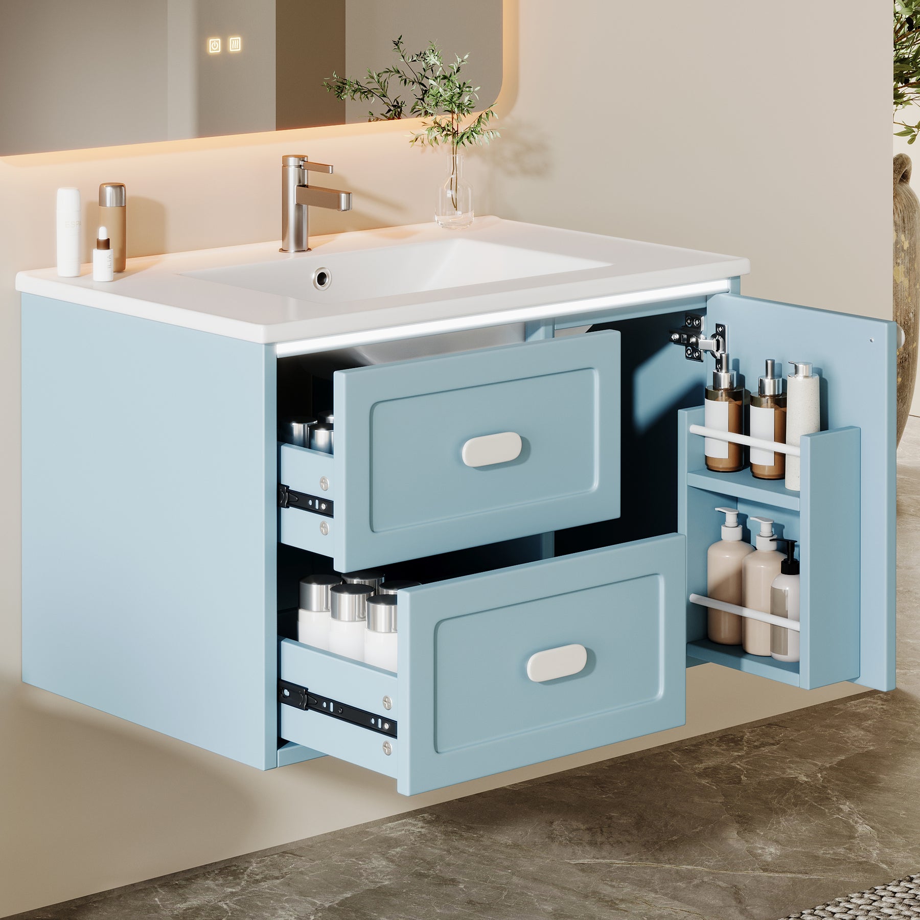 SONNI Waschtisch mit Waschbecken, wandhängender Badschrank mit LED Radarsensor Beleuchtung 2 Schubladen leisen Gleitschienen 76 x 46 x 51 cm Weiß