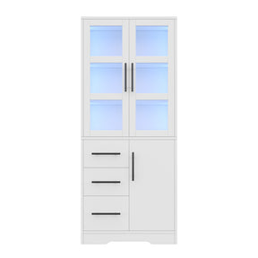 SONNI Badezimmerschrank mit LED Beleuchtung, Aufbewahrungsschrank mit Doppel Glastüren 3 Schubladen und 2 Schränken verstellbaren Einlegeböden 72 x 35 x 170 cm Weiß
