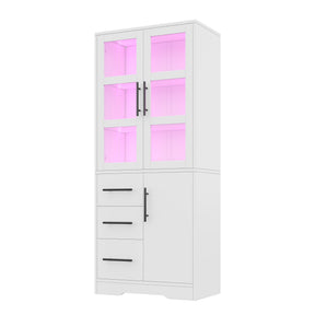SONNI Badezimmerschrank mit LED Beleuchtung, Aufbewahrungsschrank mit Doppel Glastüren 3 Schubladen und 2 Schränken verstellbaren Einlegeböden 72 x 35 x 170 cm Weiß