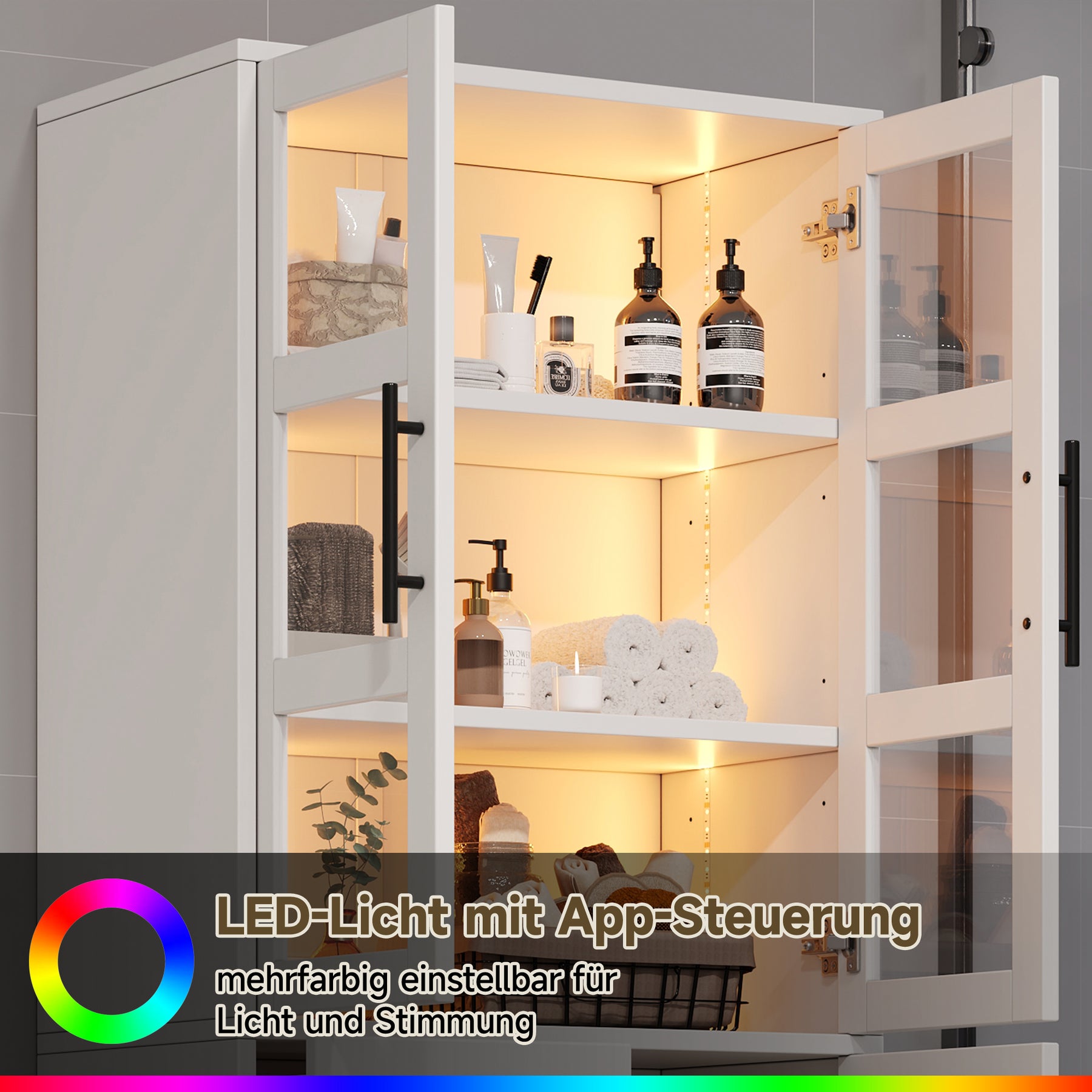 SONNI Badezimmerschrank mit LED Beleuchtung, Aufbewahrungsschrank mit Doppel Glastüren 3 Schubladen und 2 Schränken verstellbaren Einlegeböden 72 x 35 x 170 cm Weiß