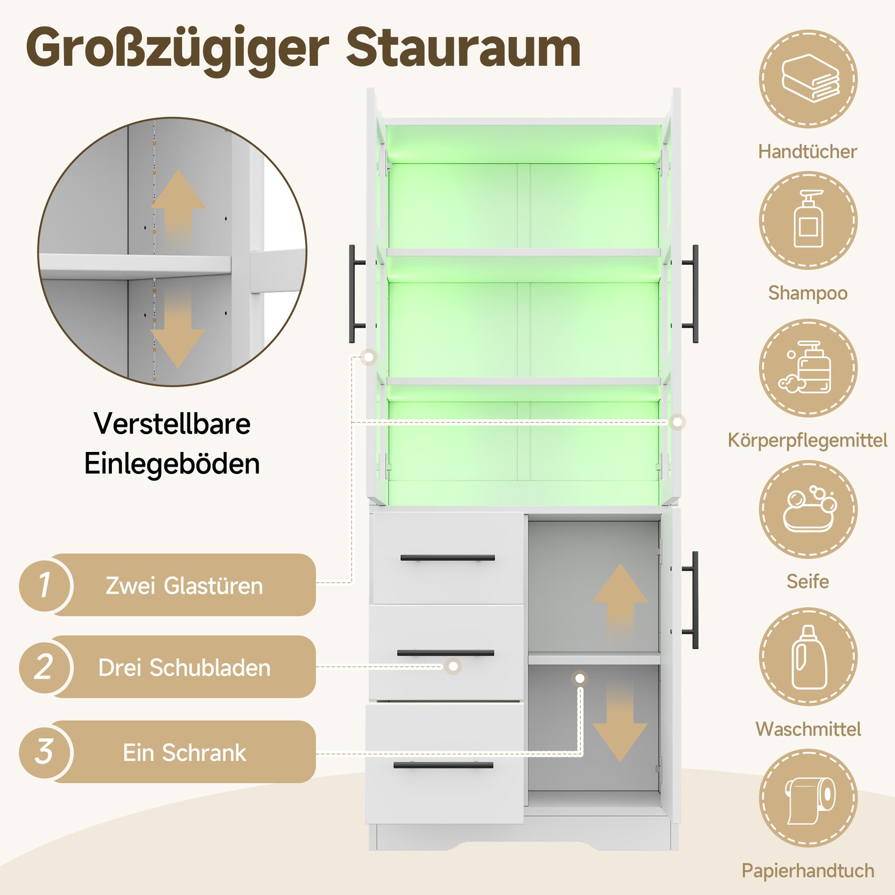 SONNI Badezimmerschrank mit LED Beleuchtung, Aufbewahrungsschrank mit Doppel Glastüren 3 Schubladen und 2 Schränken verstellbaren Einlegeböden 72 x 35 x 170 cm Weiß