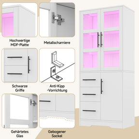 SONNI Badezimmerschrank mit LED Beleuchtung, Aufbewahrungsschrank mit Doppel Glastüren 3 Schubladen und 2 Schränken verstellbaren Einlegeböden 72 x 35 x 170 cm Weiß