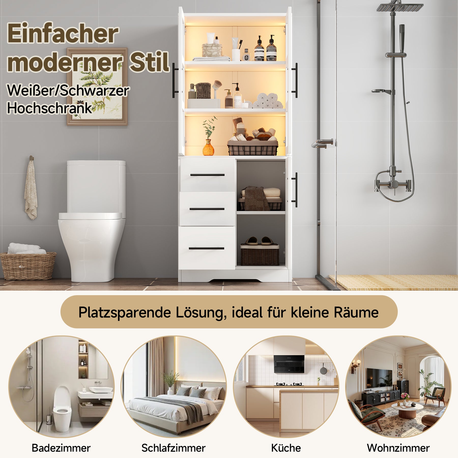 SONNI Badezimmerschrank mit LED Beleuchtung, Aufbewahrungsschrank mit Doppel Glastüren 3 Schubladen und 2 Schränken verstellbaren Einlegeböden 72 x 35 x 170 cm Weiß
