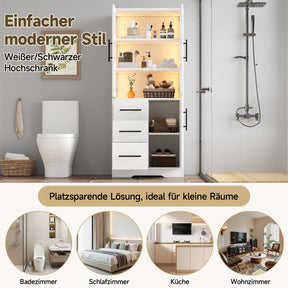 SONNI Badezimmerschrank mit LED Beleuchtung, Aufbewahrungsschrank mit Doppel Glastüren 3 Schubladen und 2 Schränken verstellbaren Einlegeböden 72 x 35 x 170 cm Weiß