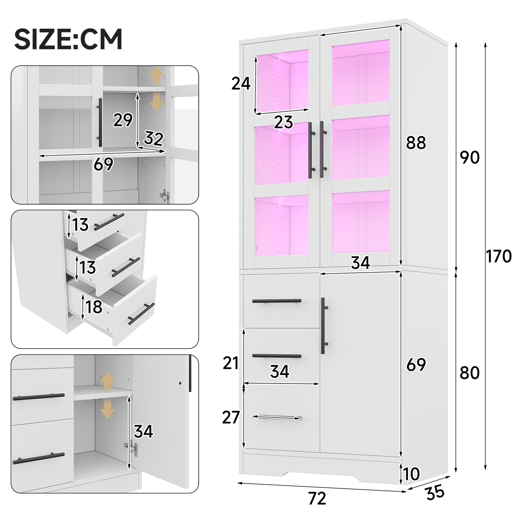 SONNI Badezimmerschrank mit LED Beleuchtung, Aufbewahrungsschrank mit Doppel Glastüren 3 Schubladen und 2 Schränken verstellbaren Einlegeböden 72 x 35 x 170 cm Weiß