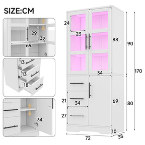 SONNI Badezimmerschrank mit LED Beleuchtung, Aufbewahrungsschrank mit Doppel Glastüren 3 Schubladen und 2 Schränken verstellbaren Einlegeböden 72 x 35 x 170 cm Weiß