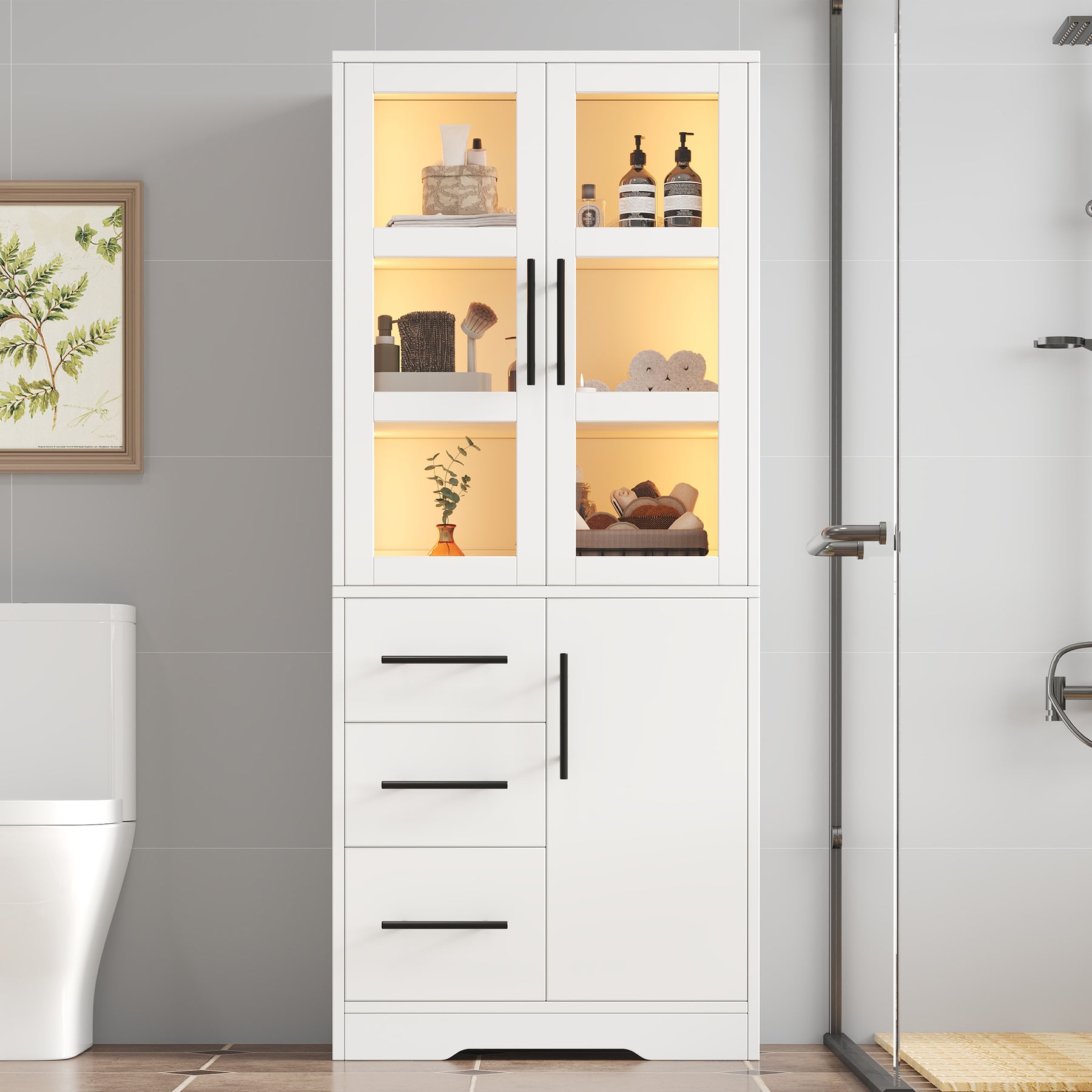 SONNI Badezimmerschrank mit LED Beleuchtung, Aufbewahrungsschrank mit Doppel Glastüren 3 Schubladen und 2 Schränken verstellbaren Einlegeböden 72 x 35 x 170 cm Weiß