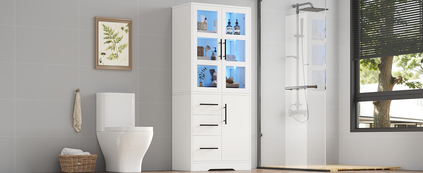 SONNI Badezimmerschrank mit LED Beleuchtung, Aufbewahrungsschrank mit Doppel Glastüren 3 Schubladen und 2 Schränken verstellbaren Einlegeböden 72 x 35 x 170 cm Weiß